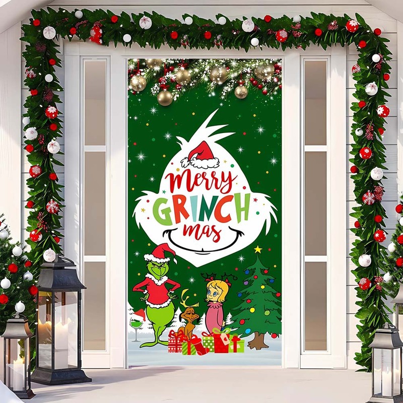 クリスマスドアカバー装飾吊り布緑の毛の怪物グリンチドアカバークリスマスモンスタードアカーテン新年タペストリードアカバー背景|undefined