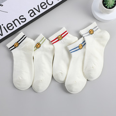 春夏笑臉刺繡短襪女潮流兩條槓休閒百搭短筒襪透氣學生運動襪子