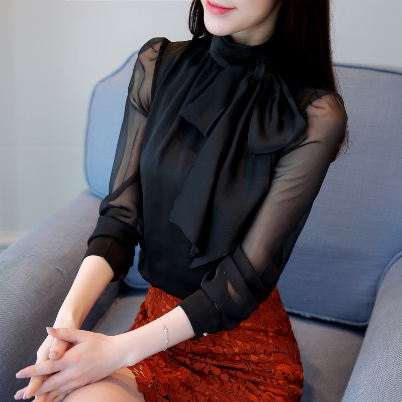 Autumn elegant shiffon shirt with bow