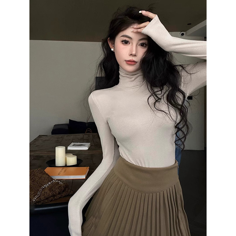 韩版灰色高领长袖T恤女秋季新款收腰修身打底衫纯色紧身内搭上衣|undefined