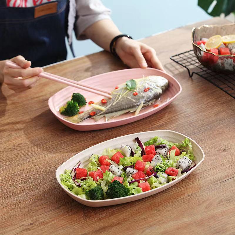 Plato de paja de trigo para pescado, plato grande para el hogar, plato ecológico para servir verduras.