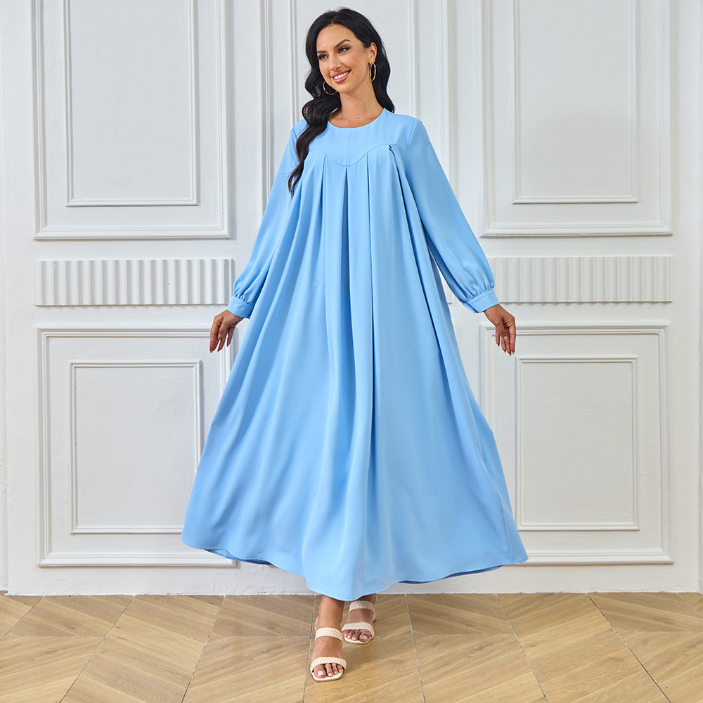 New Abaya Arab Cross-border Middle Eastern Muslim Robe Long-sleeved Solid Color Large Hem Dress Long Skirt Women's_ecoleips.com