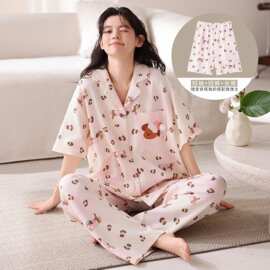 夏季纯棉女短袖短裤长裤三件套开衫翻领睡衣休闲女家居服