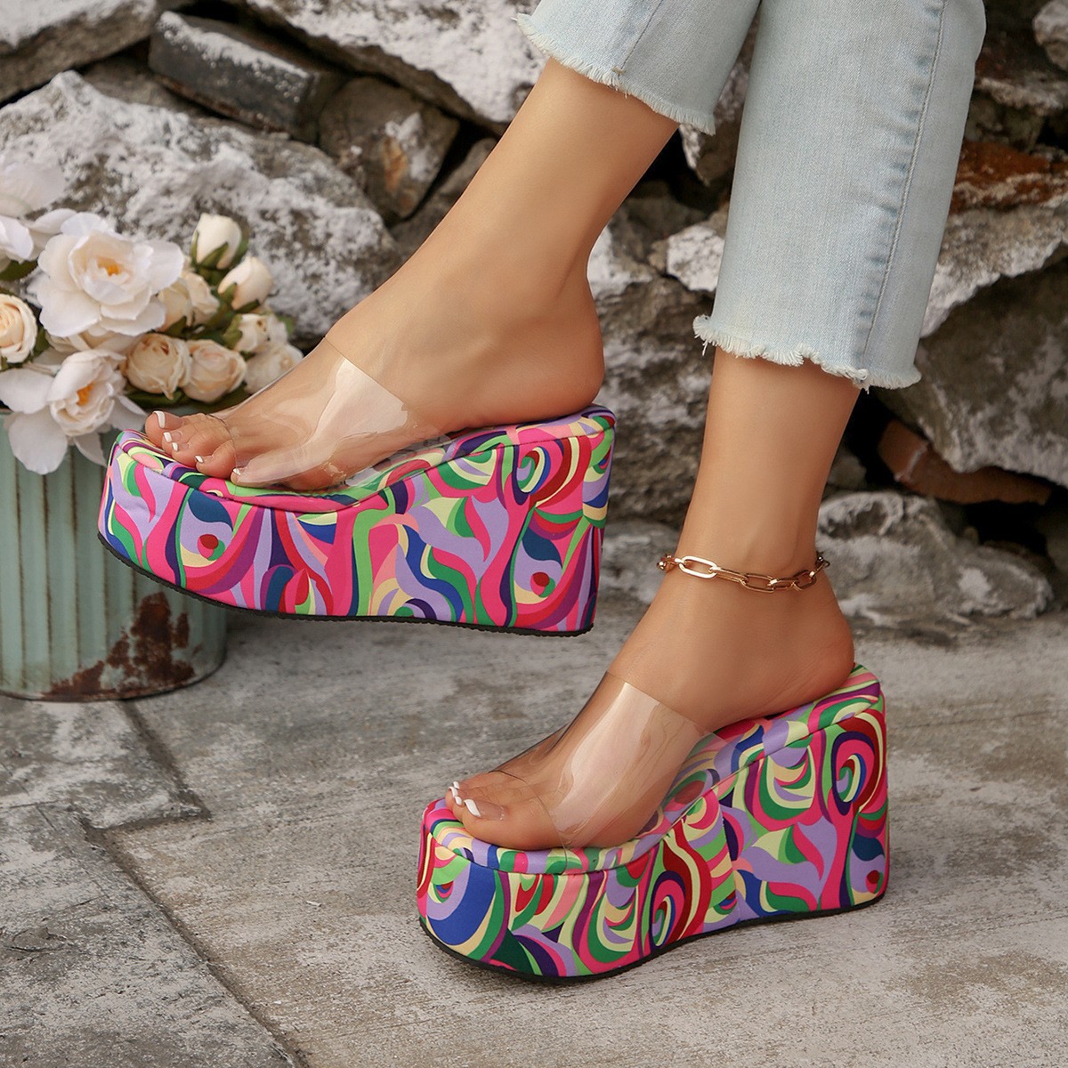 Foreign Trade Thick-Soled Round-Toe Transparent One-Strap European and American Style 2026 Summer New Colorful Large-Size Women's Wedge Sandals