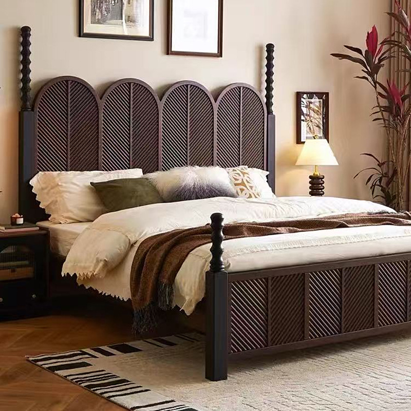 Cama de madera maciza francesa retro americana dormitorio principal color nuez cama doble simple muebles de dormitorio modernos cama de boda medieval
