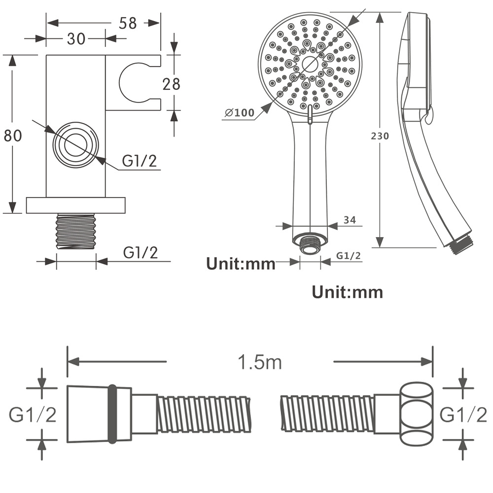 Household handheld showerhead set, brushed gold showerhead, rotatable with water inlet showerhead Specification drawing