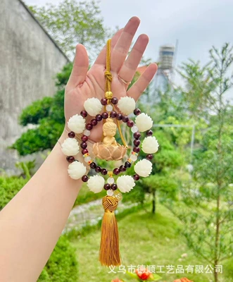 Rearview Mirror Hanging Ornament, Chinese Car hanging - yellow-cinnabar-guanyin-double-ring