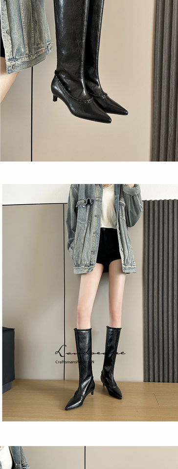 Bốt cao cổ nữ mũi nhọn gót thấp viền đan nhún tôn dáng — màu đen chi tiết 8