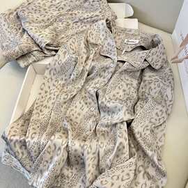 法式轻奢高级感豹纹印花缎面冰丝睡衣女款春秋季家居服套装可外穿