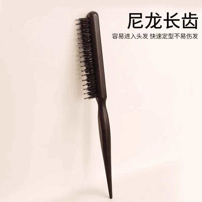 Comb Buckery three-row narrow-tooth boar-bristle comb with long tail handle, styling brush
