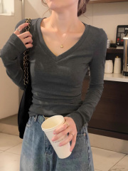 法式v领露锁骨长袖上衣女春秋单穿显瘦低领修身打底衫内搭灰色t恤