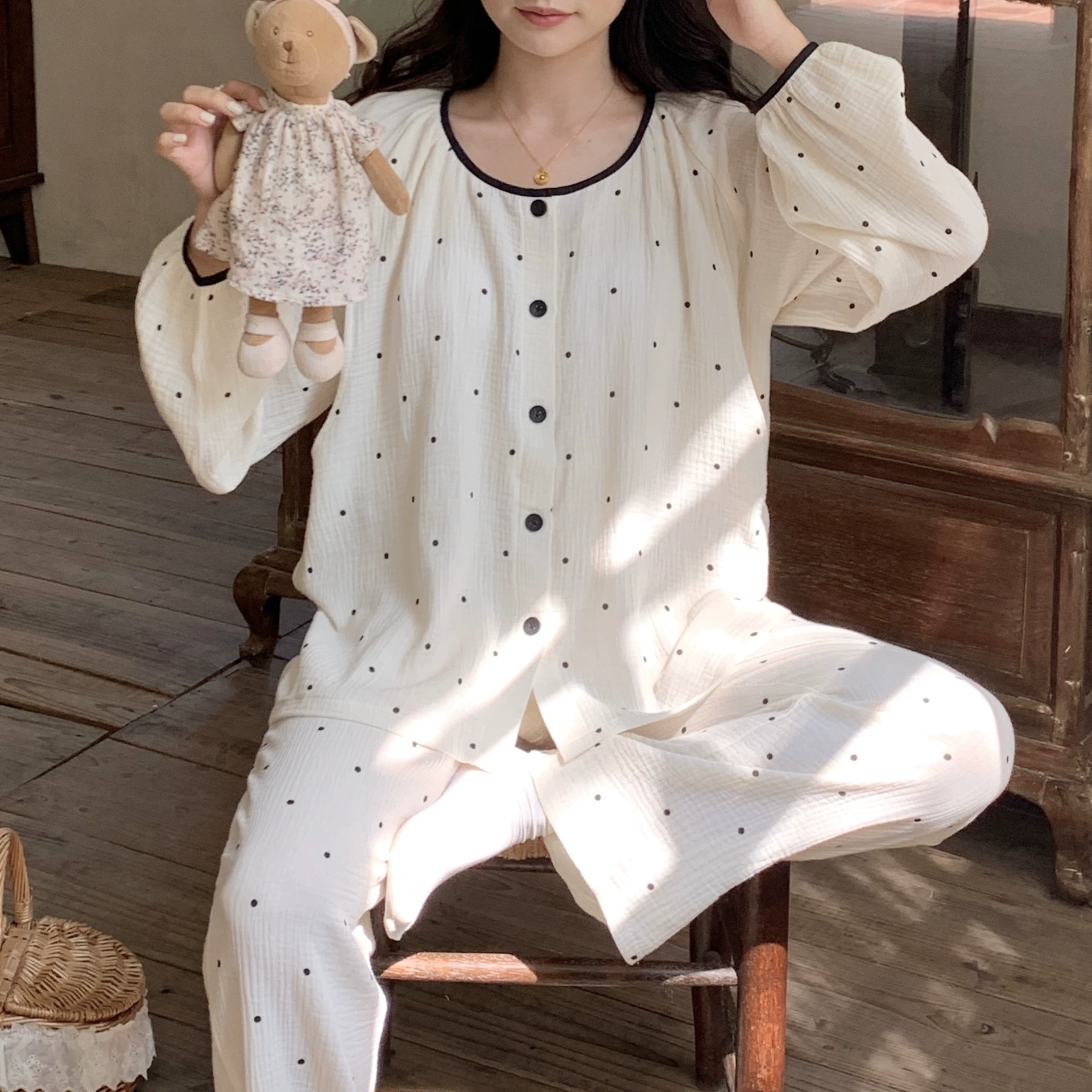 [6276] Освенение костюм 2024 осень и зима точка простой двухслойная хлопчатобумажная пижама для беременных