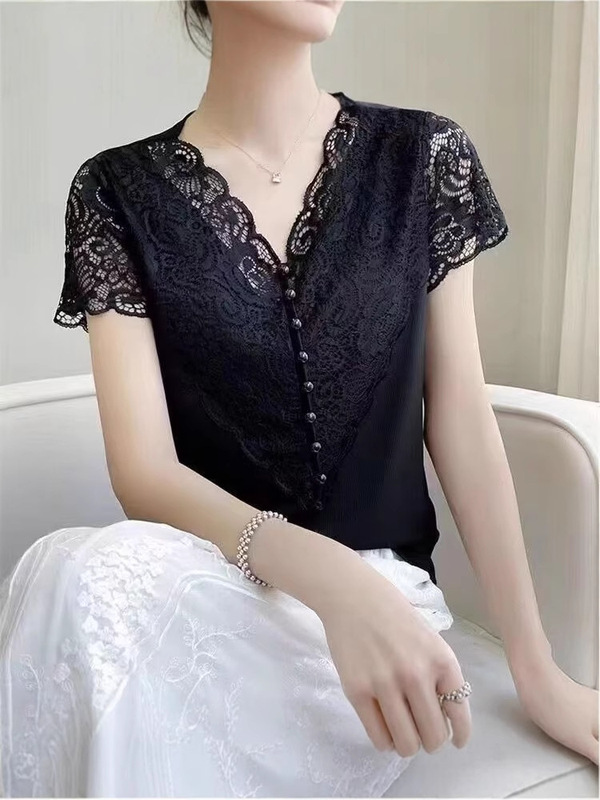 2025新款夏季蕾丝V领短袖气质显瘦遮肉短款女士t恤短袖|undefined