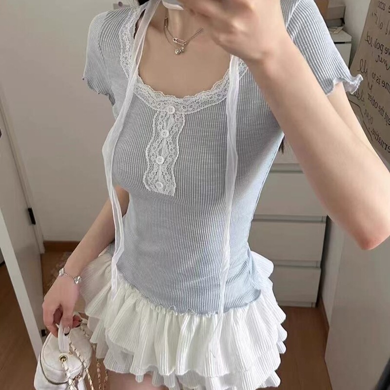 Women's Short-Sleeve T-Shirt with Original U-Shaped Lace Trim, Button Fabric, Slim Fit Top, Silk Scarf, Light Blue, Off-White