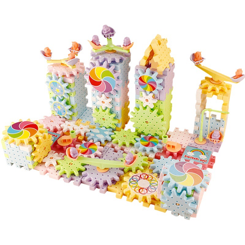 Variedad transfronteriza bloques de construcción eléctricos engranaje giratorio juguete para niños rompecabezas de coches de ferrocarril partículas grandes traje de regalo