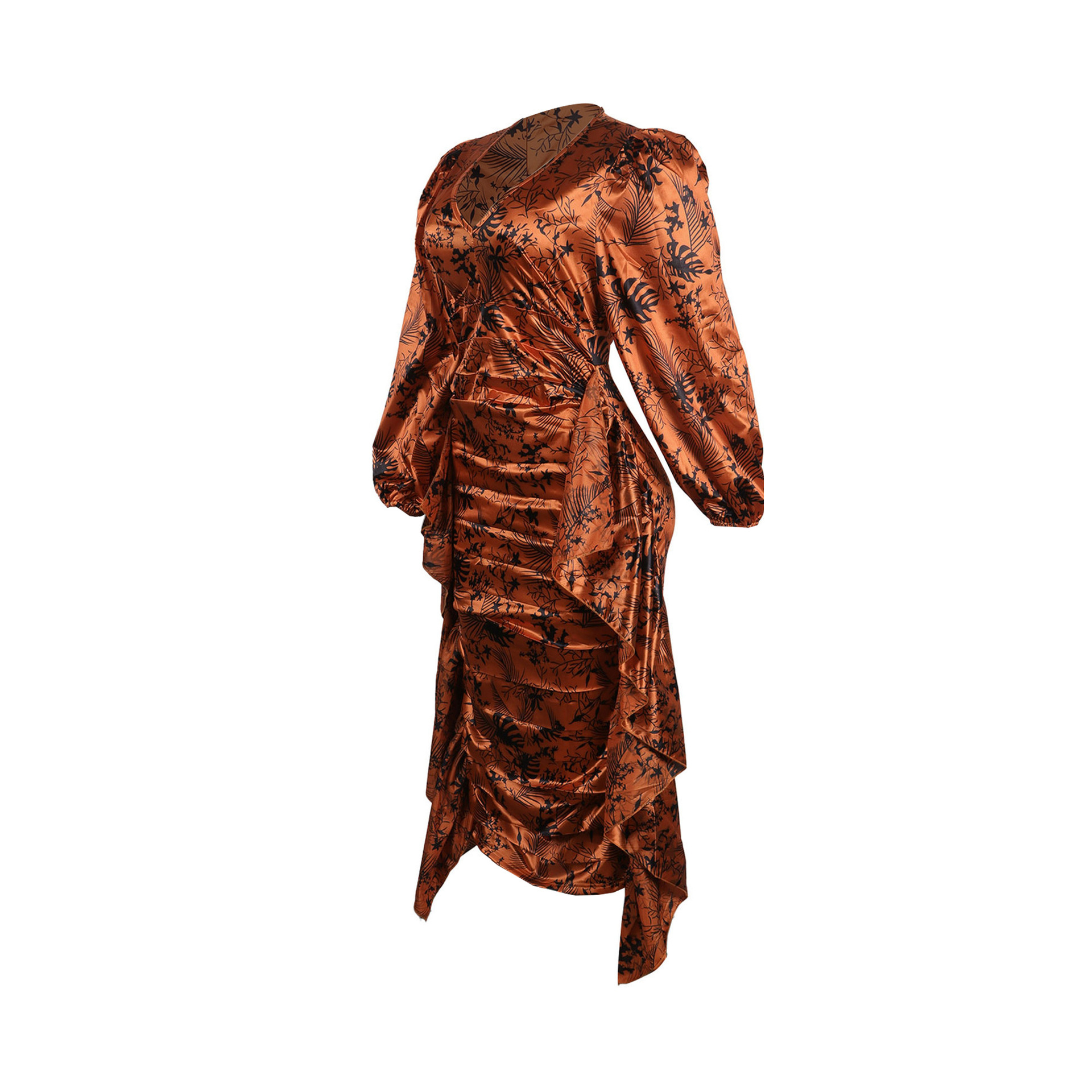 Women's Clothing Sexy Printed Ruffled Lantern Sleeve Hip Hugging Slim Fit Long Sleeve Dress_voghion.com