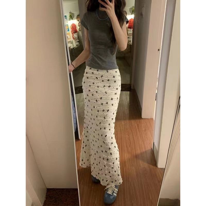 Korean-Style White Summer Vacation Bow-Knot Printed Lace High-Waisted Floral Fishtail Long Skirt Slimming Skirt