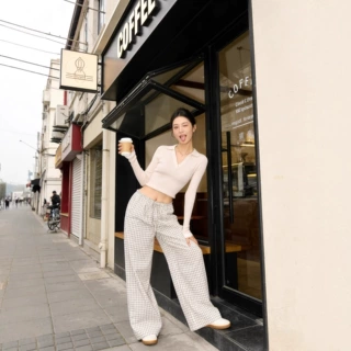 夏季透气垂感薄款格子休闲长裤女低腰宽松阔腿裤子小个子裤子女夏