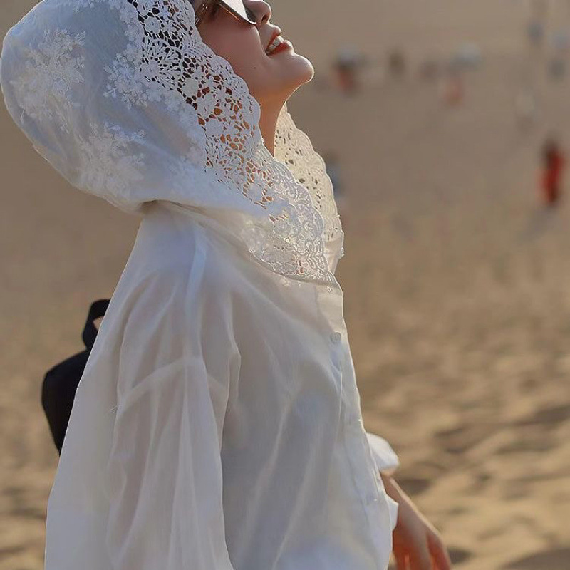 Trendy High-End Chic Shirt 2025 New Autumn Lace Hollow-Out Hooded Design Shirt Sun-Protective Thin Jacket