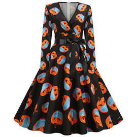 实拍现货2021万圣节新款数码印花V领长袖大摆连衣裙送腰带