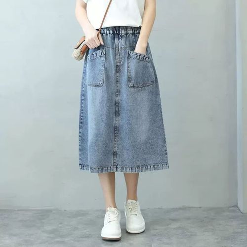Year's Elastic Waistline Mid-length Slimming Split Denim Skirt with Large Pockets