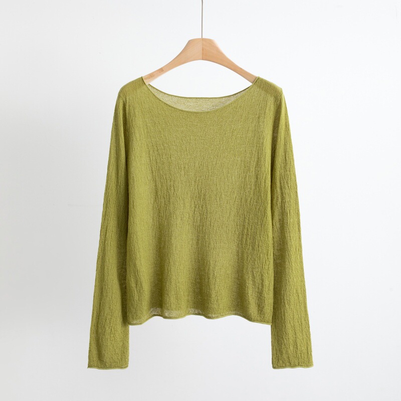 100% Lyocell Tencel Knit Textured Top Summer Long Sleeve Sun Protection Cool Feeling Slim Fit Rolled Hem