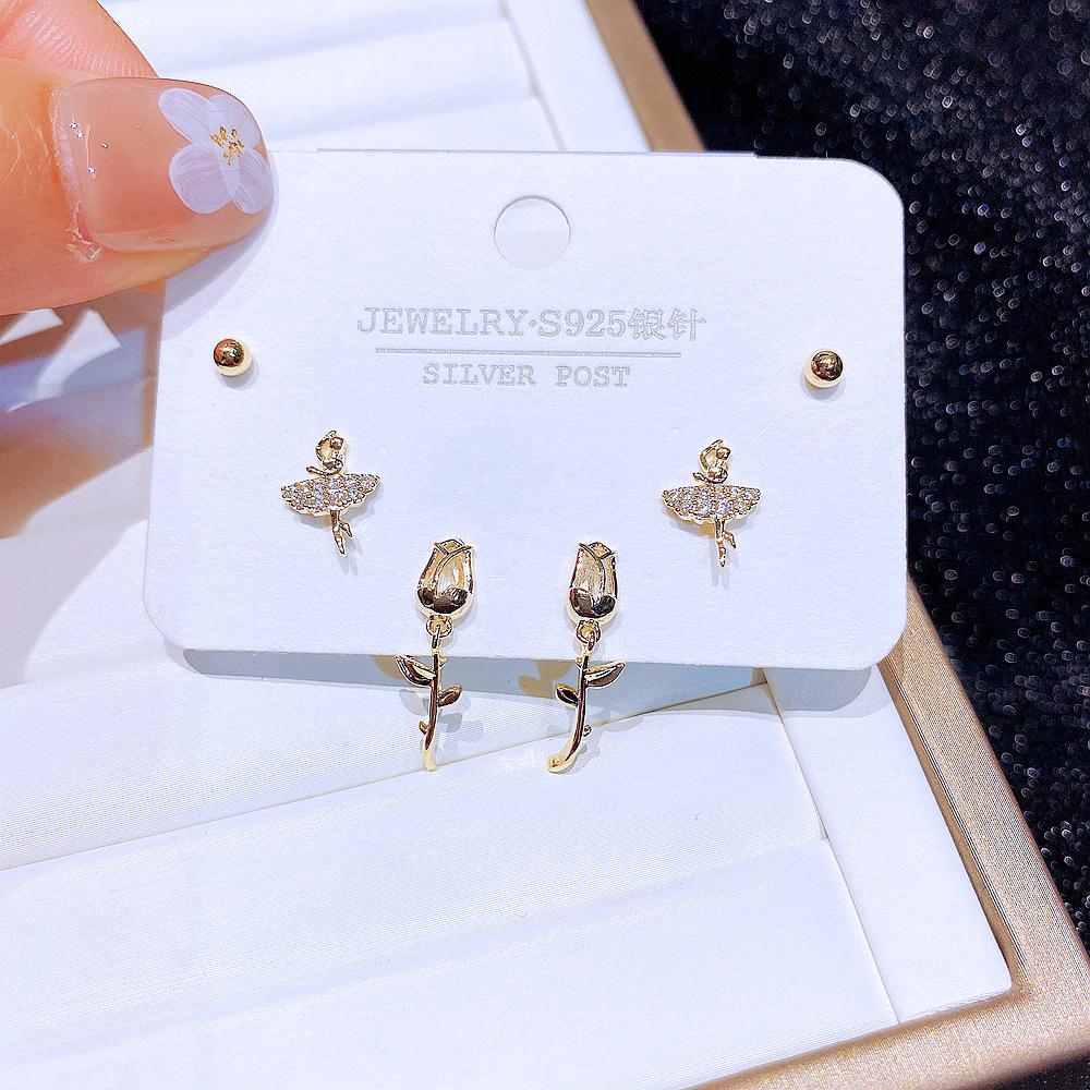 Sweet Flower Copper Ear Studs Inlay Zircon Copper Earrings