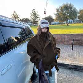 韩系高领双面毛呢外套女2025冬季系带高级设计感小众短款呢子大衣