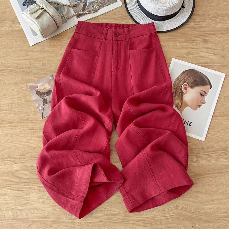 Red Retro Linen Wide-Leg Pants for Women, Spring/Summer 2026 New Style, Nine-Point Tencel Sun-Protection Pants, Cotton-Linen Straight-Leg Pants