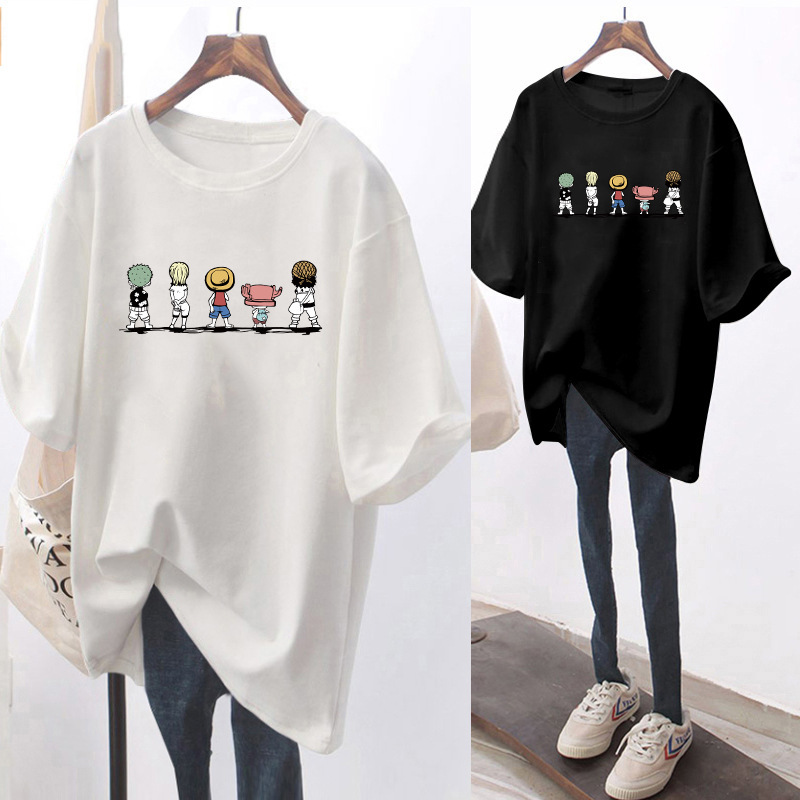 European Large Edition White Short-sleeved T-shirt Women's Summer 2025 New Arrival Cartoon Round Neck All-match Mid-long Half-sleeved Top