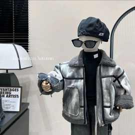 冬季男童外套儿童皮毛加绒加厚一体新款机车服英伦上衣保暖百搭潮