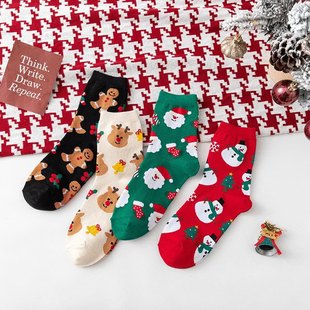 2024 Christmas Socks for Women Autumn and Winter Cartoon Mid-Calf Socks Santa Claus Elk Snowman Cute Red Socks Ins