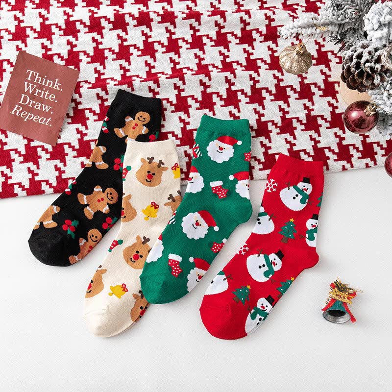 2024 Christmas Stockings Children Autumn and Winter Cartoon Medium Stockings Santa Claus Elk Snowman Cute Red Socks Ins