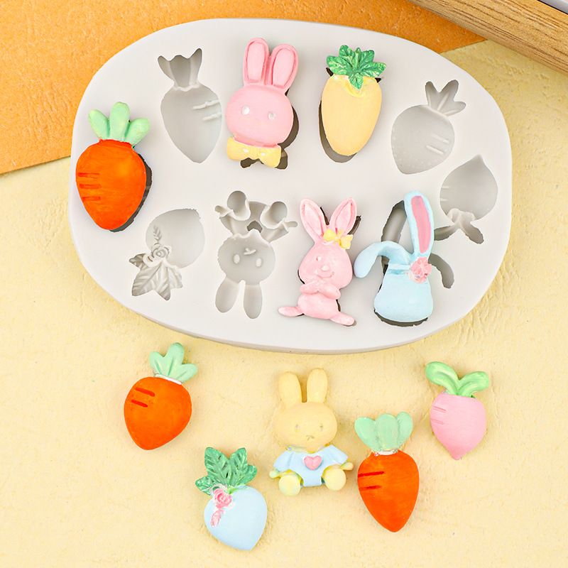 Molde de silicona de conejito de dibujos animados fondant molde de silicona para hornear en forma de rábano molde de decoración de pastel de chocolate de bricolaje