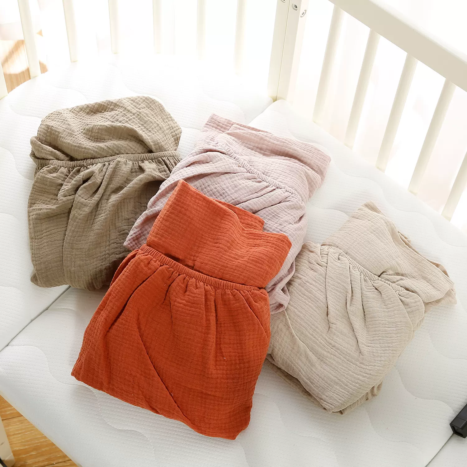 INS亚马逊跨境双层纱布床笠婴儿纯棉绉布床罩单婴童儿童床