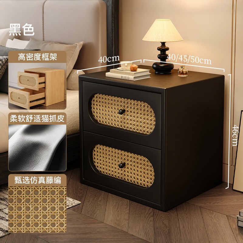 Mesita de noche de ratán retro estilo antiguo dormitorio doméstico pequeño negro 2025 nuevo estilo de lujo ligero gabinete lateral de alta gama