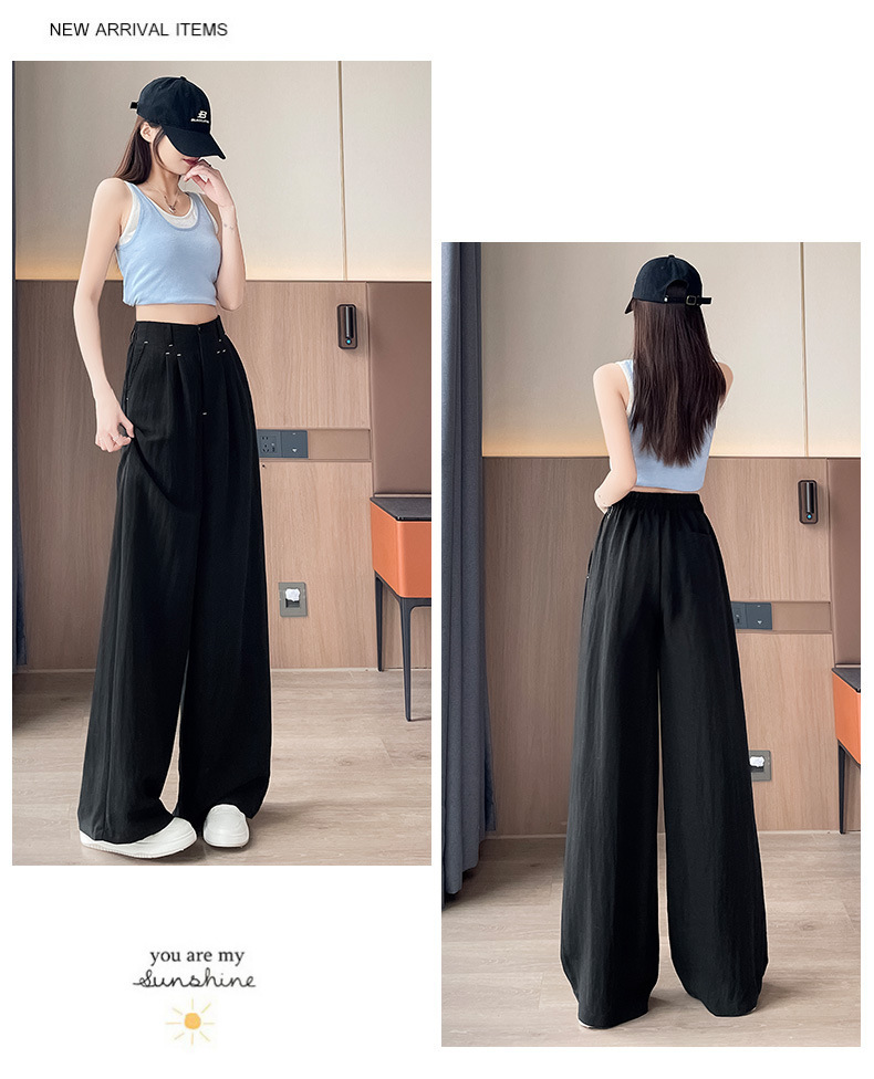 Quần ống rộng vải lụa băng đa năng nữ, phong cách sang trọng mỏng nhẹ mùa hè, quần ống đứng vải lanh Tencel — Màu xanh hải quân (kiểu thông thường) chi tiết 40