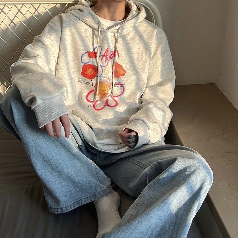 [Big Sale] Men's Hooded Spring & Fall Korean Style Loose, Trendyy and Versatile Pure Cotton Printed Pullover Top