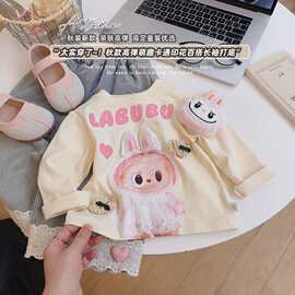 女童长袖T恤早秋蕾丝花边下摆宝宝柔软上衣服卡通玩偶儿童打底衫