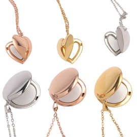 热款空白热转印心形不锈钢情侣吊坠项链跨境圆形相片盒项链