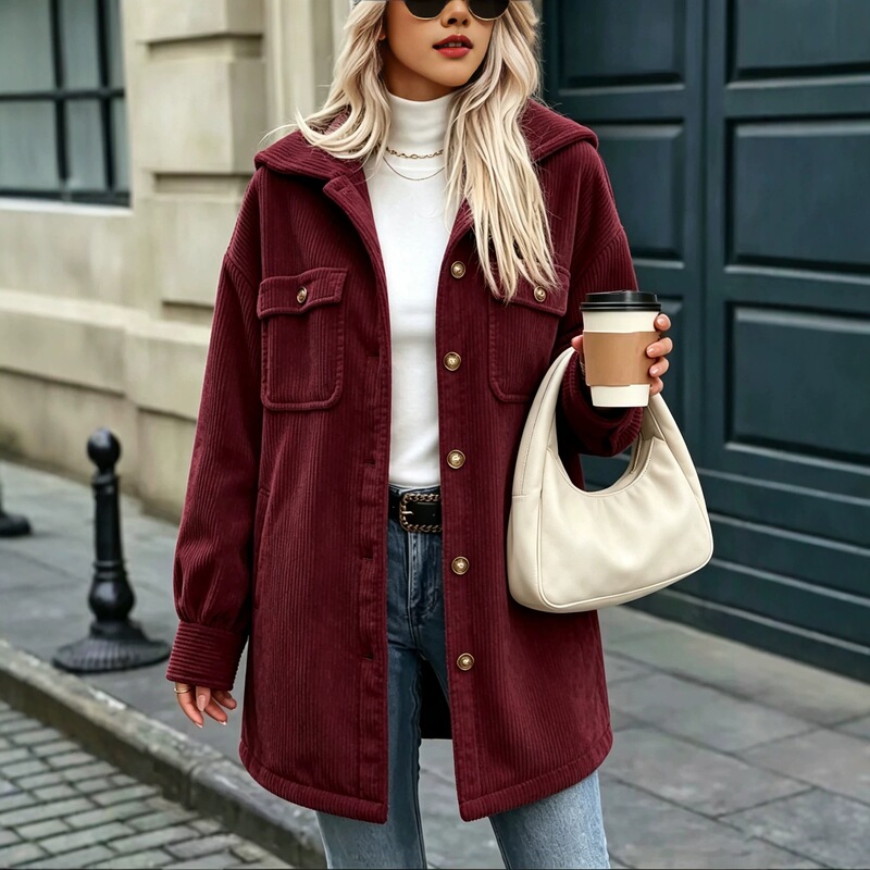 Long-sleeved women's simple autumn and winter cardigan jacket, Amazon cross-border, corduroy, single-breasted, hooded, European and American style Long-sleeved women's simple autumn and winter cardigan jacket, Amazon cross-border, corduroy, single-breasted, hooded, European and American style
