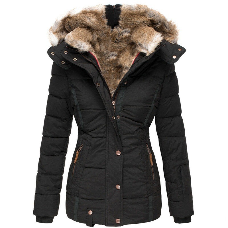 En stock Deseo Amazon invierno cálido Cuello de piel abrigo de algodón-acolchado cremallera de las mujeres de manga larga con capucha delgada abrigo de algodón-acolchado W128