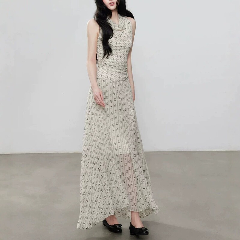Yuzhi Beige Printed Georgette Dress, New Summer Style, High-Waisted, Slimming, Drapey, Flowing Long Dress Yuzhi Beige Printed Georgette Dress, New Summer Style, High-Waisted, Slimming, Drapey, Flowing Long Dress