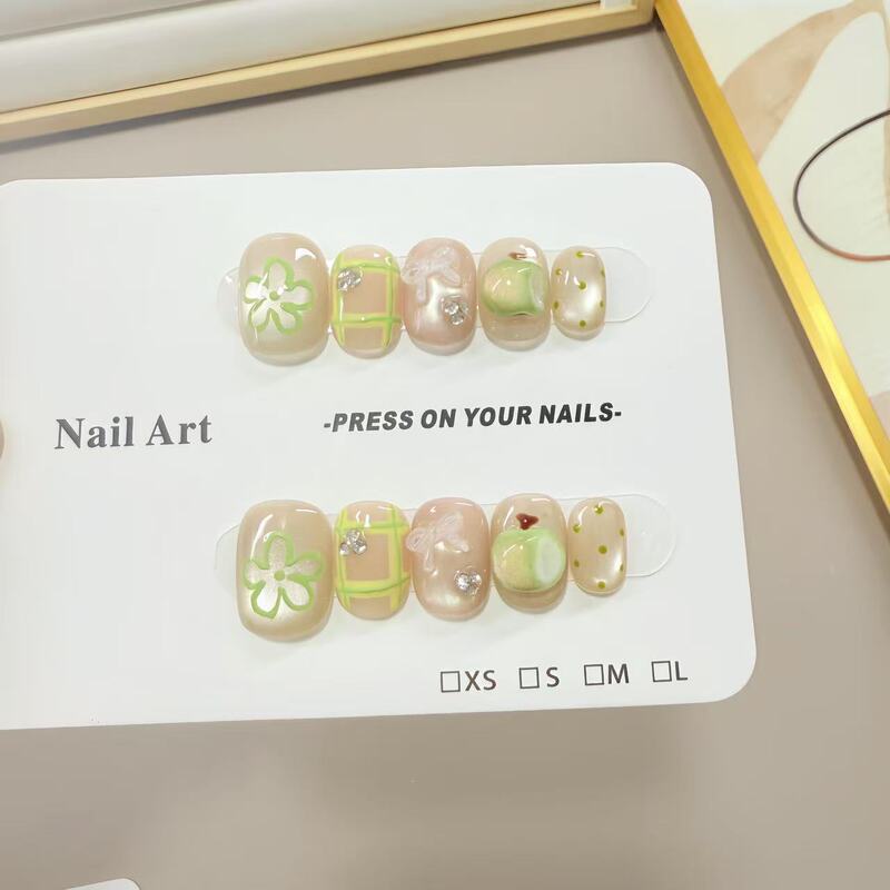Green Apple Handmade Wearable Nails, Pure Hand-Kneaded Apple Hot Style Wholesale, Whitening and Versatile Fake Nails, Phototherapy Nails