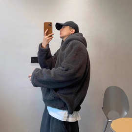 港风ins潮牌毛绒卫衣男韩版潮流百搭宽松加绒秋冬毛衣情侣装外套