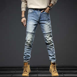 批发新款高端弹力牛仔裤水洗机车拼接修身男裤复古怀旧潮流长裤子
