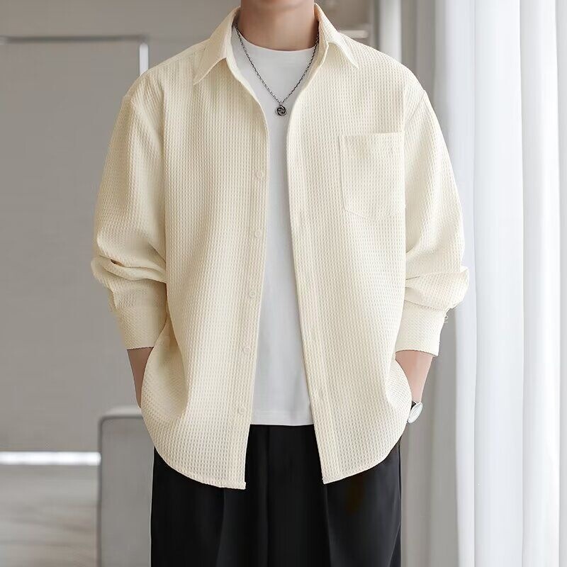 New waffle-pattern men's shirt jacket, spring and autumn thin casual versatile long-sleeve trendy outerwear