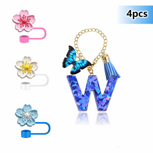 Cross-border Direct Supply Blue Resin Butterfly Letter Keychain Backpack Tassel Pendant Begonia Flower Dust Plug Straw Cap