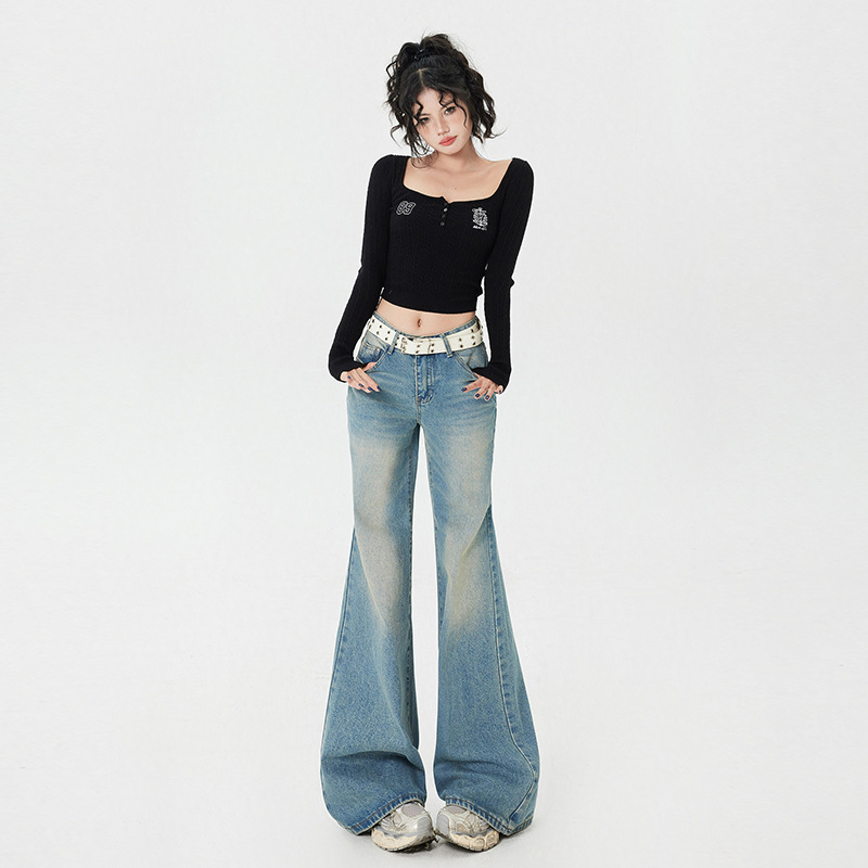 미국 스타일 레트로 워터 마크 디자인 낮은 허리 핫 소녀 플래 팬츠 모든 경기 청바지 및 긴 바지