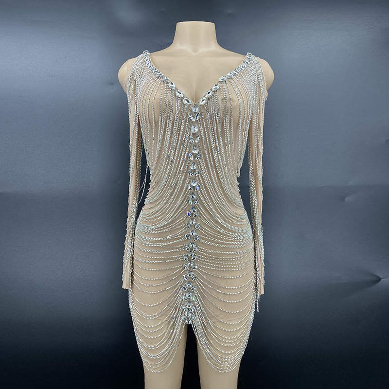 Women's Clothing Direct Sale Sexy Hot Crystal Chain Knee-Length Prom Dress Shiny Rhinestone European Designer Evening Dress Women's Clothing Direct Sale Sexy Hot Crystal Chain Knee-Length Prom Dress Shiny Rhinestone European Designer Evening Dress